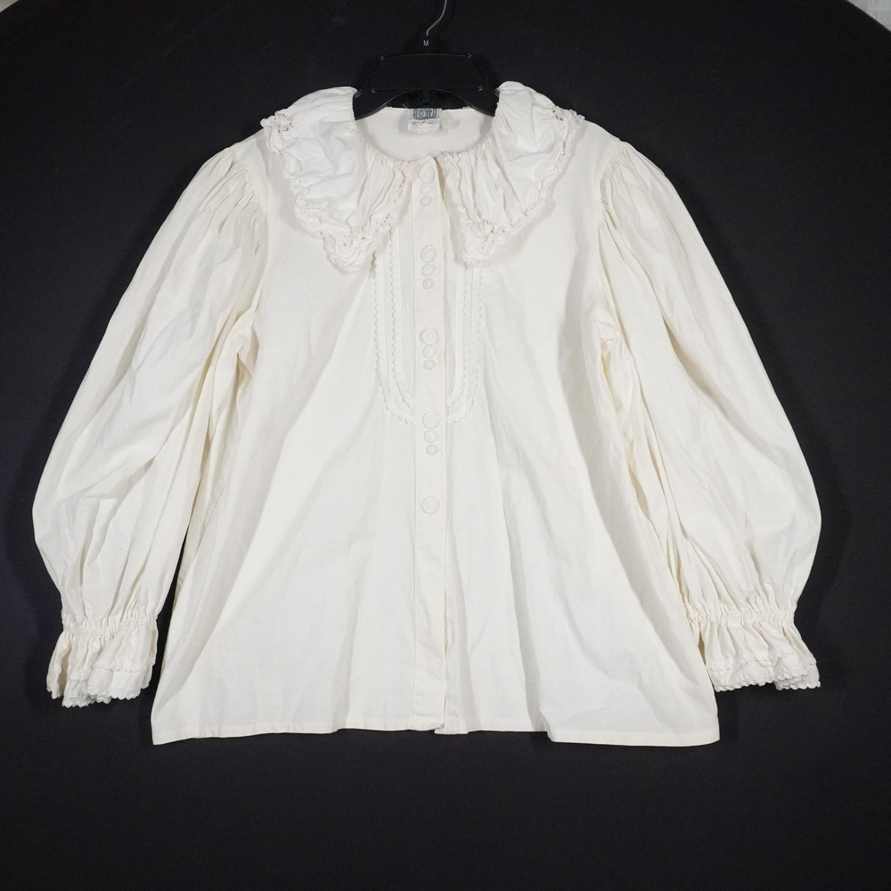 VTG Hammerschmid Blouse Womens 44 White Cotton Hand Embroidered Victorian Blouse